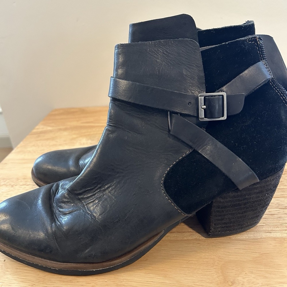 Women Korks Black Leather Suede Buckle Strap‎ Ankle Heeled Boots Booties 8.5